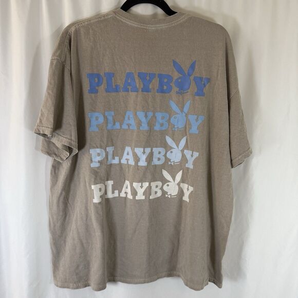 Playboy Shirt Size XL 100% Cotton Tan Crew Neck Short Sleeve Bunny Printed - Picture 6 of 7